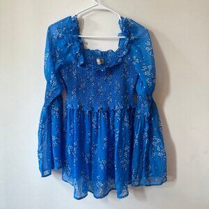 ASOS Blue Ruffle Floral Top, Long Sleeves, Size 2